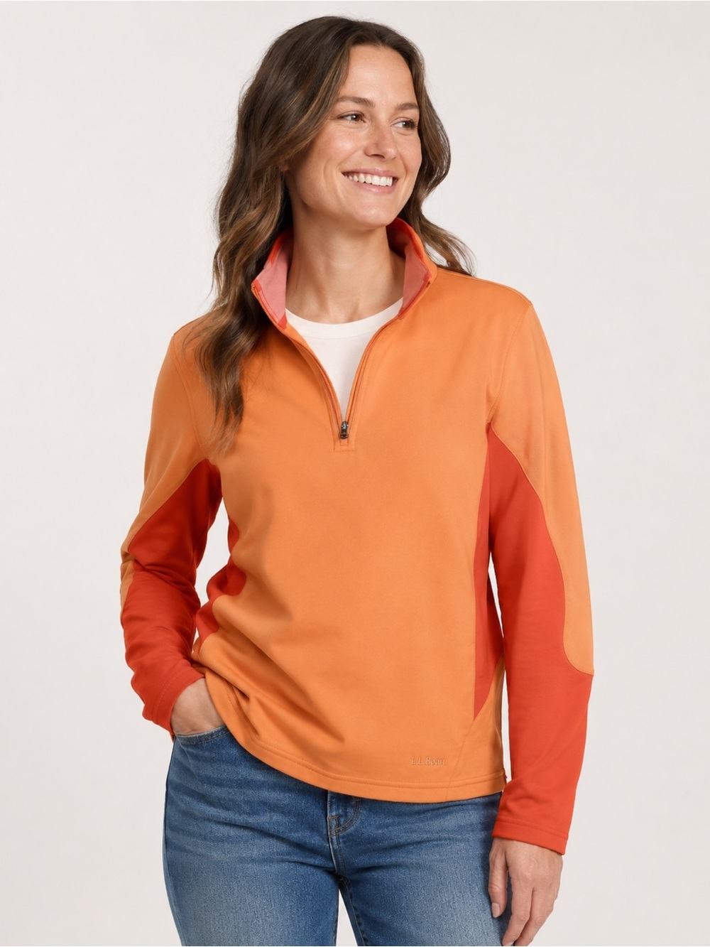 LL Bean Quarter Zip Pullover Size Large R Windstopper Orange Hiking Outdoor Top